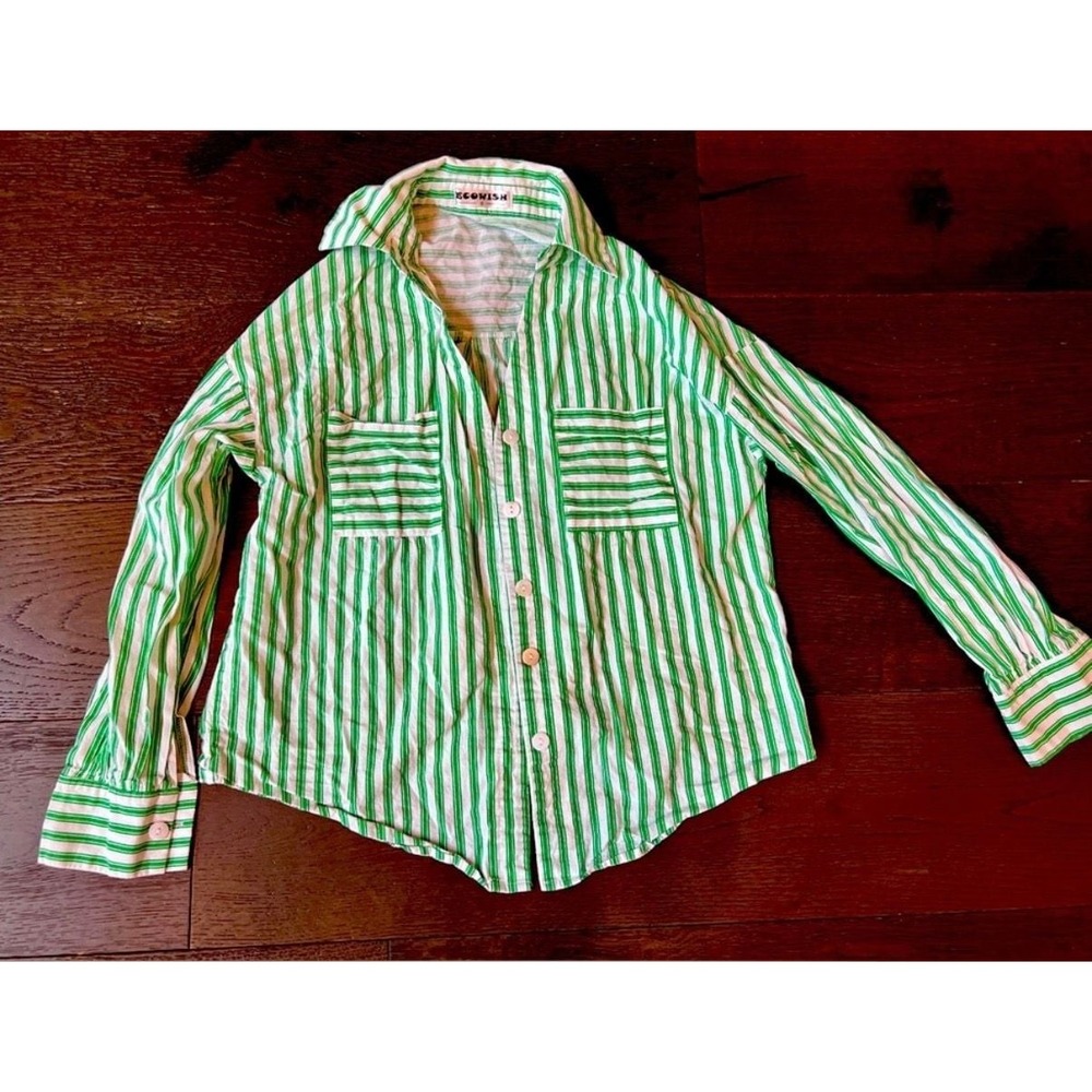 Ecowish Button Down Shirt S Green White Striped Top